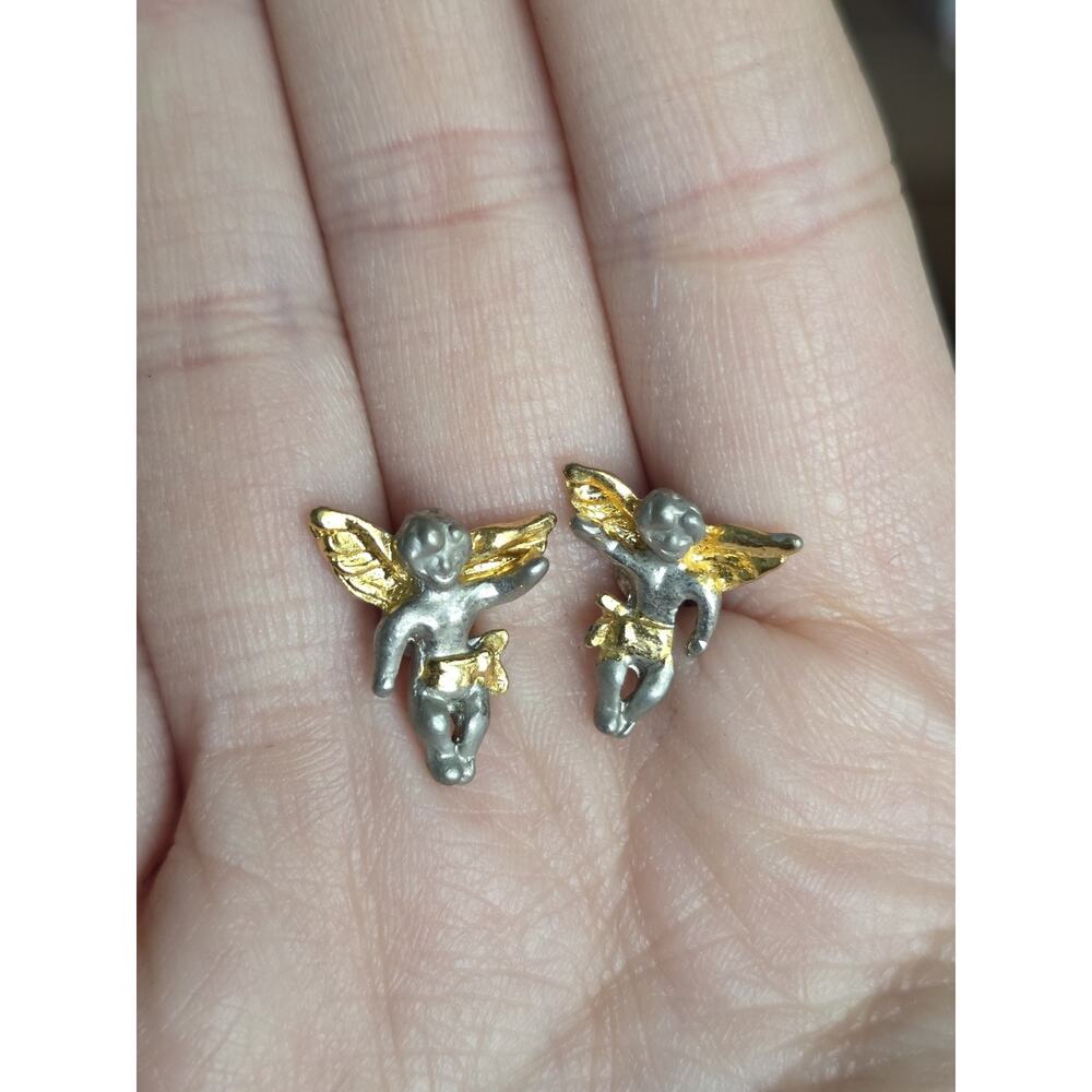 Vtg Cherub Angel Earrings Silver Gold Tone Studs Guardians